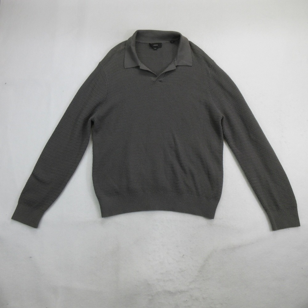 Vince Men's Sweater XL Gray Waffle Knit Polo Collared Cotton Cashmere Blend